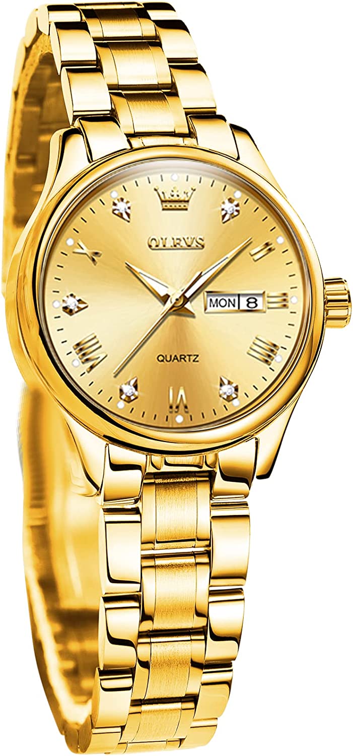 OLEVS Gold Watches for Women Luxury Wrist Watches Day and Date Waterproof Stainless Steel Quartz Analog Lightweight Ladies Watches Adjustable Bracelet Simple Dress Wristwatch Gold Black White Dial - Image 7